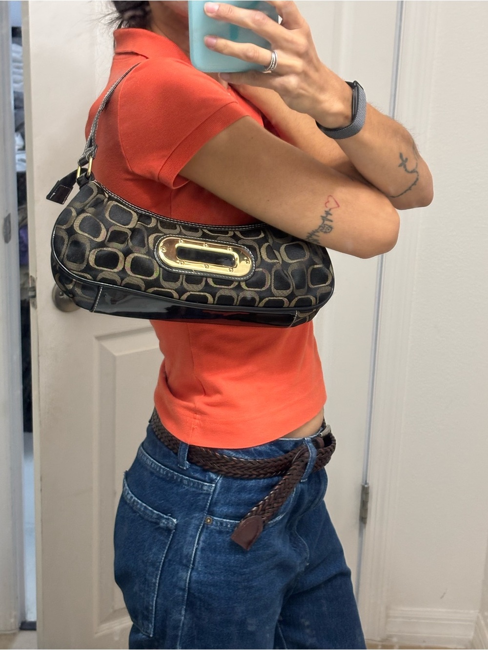 Whatever Y2K Monogram Baguette Shoulder Bag Brown Black Gold Hardware
